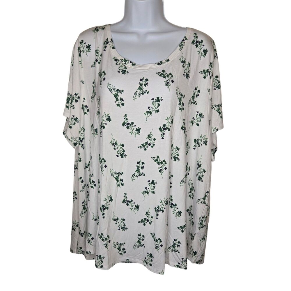 Dip Women 3X Top Short Sleeve Scoop Neck Floral Cream Green Rayon Spandex NWOT